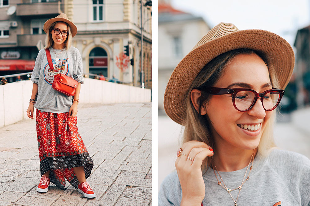 Squared Céline prescription glasses in red for women. 